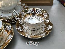 11pc Vintage Queen Anne Tea Set, Gilt Rose Heavy Gold England Bone China