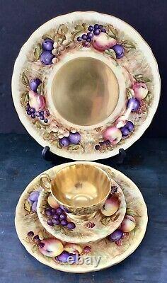 4 PC SET AYNSLEY GOLD BONE CHINA ORCHARD FRUIT Dinner, Dessert Plates Cup, Saucer