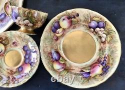 4 PC SET AYNSLEY GOLD BONE CHINA ORCHARD FRUIT Dinner, Dessert Plates Cup, Saucer