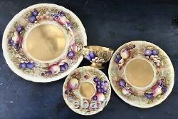 4 PC SET AYNSLEY GOLD BONE CHINA ORCHARD FRUIT Dinner, Dessert Plates Cup, Saucer