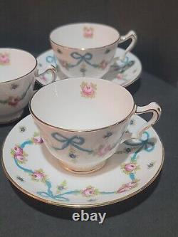 4 sets + 1 Antique CROWN STAFFORDSHIRE China Cups & Saucers Blue Bow Pattern