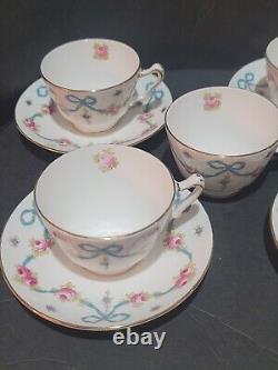 4 sets + 1 Antique CROWN STAFFORDSHIRE China Cups & Saucers Blue Bow Pattern