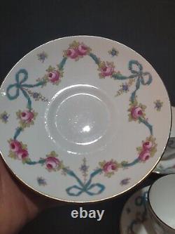 4 sets + 1 Antique CROWN STAFFORDSHIRE China Cups & Saucers Blue Bow Pattern