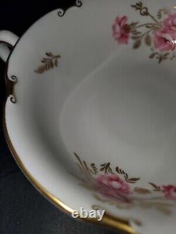 6 ROYAL CROWN DERBY Pinxton Rose 1797 Double Handled Cream Soup Bowls Saucers