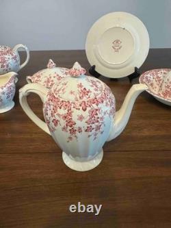 ANTIQUE 14 Pc Breakfast Set Early English Ivy Pink (Scalloped) Crown Ducal