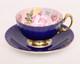 AYNSLEY Bone China CABBAGE ROSE CUP & SAUCER Cobalt Blue ORIGINAL STICKER Vtg