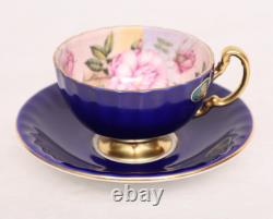 AYNSLEY Bone China CABBAGE ROSE CUP & SAUCER Cobalt Blue ORIGINAL STICKER Vtg