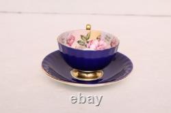 AYNSLEY Bone China CABBAGE ROSE CUP & SAUCER Cobalt Blue ORIGINAL STICKER Vtg