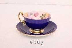 AYNSLEY Bone China CABBAGE ROSE CUP & SAUCER Cobalt Blue ORIGINAL STICKER Vtg