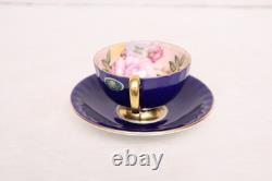AYNSLEY Bone China CABBAGE ROSE CUP & SAUCER Cobalt Blue ORIGINAL STICKER Vtg