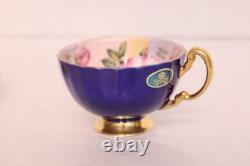 AYNSLEY Bone China CABBAGE ROSE CUP & SAUCER Cobalt Blue ORIGINAL STICKER Vtg