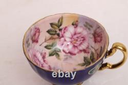 AYNSLEY Bone China CABBAGE ROSE CUP & SAUCER Cobalt Blue ORIGINAL STICKER Vtg