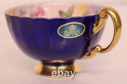 AYNSLEY Bone China CABBAGE ROSE CUP & SAUCER Cobalt Blue ORIGINAL STICKER Vtg