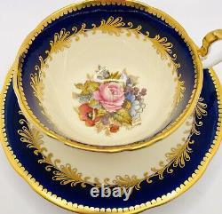AYNSLEY Pink Rose Cobalt Blue Gold Gilt Cup & Saucer J. A. Bailey Signed Teacup