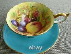 AYNSLEY Turquoise Signed D. Jones Teacup and Saucer Set England China Orchard