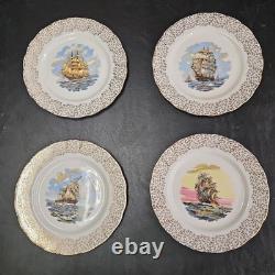 Adderley Fine Bone China England Tall Ship Plates Set Of 4 Gold Border