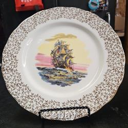Adderley Fine Bone China England Tall Ship Plates Set Of 4 Gold Border