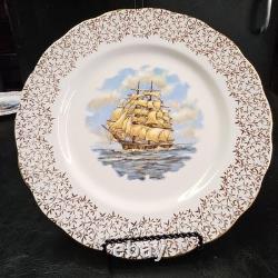 Adderley Fine Bone China England Tall Ship Plates Set Of 4 Gold Border