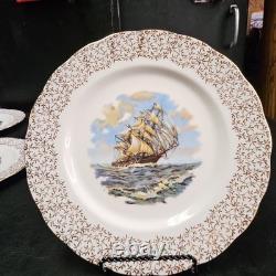 Adderley Fine Bone China England Tall Ship Plates Set Of 4 Gold Border