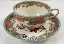 Anglo China Floral Tea Cup & Saucer Rose Set of 4 England Pink Blue Antique