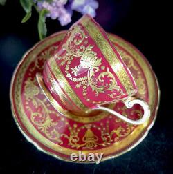 Antique Aynsley Cup/Saucer Set Rococo Style Maroon Red Raised Gilt Floral -As Is