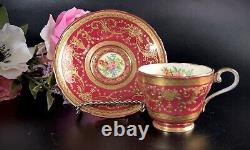 Antique Aynsley Cup/Saucer Set Rococo Style Maroon Red Raised Gilt Floral -As Is