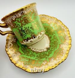 Antique Coalport England Green Encrusted Gold Demitasse Cup & Saucer Teacup