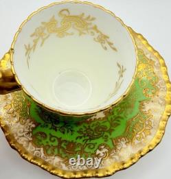 Antique Coalport England Green Encrusted Gold Demitasse Cup & Saucer Teacup