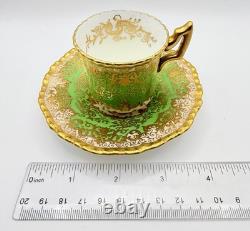 Antique Coalport England Green Encrusted Gold Demitasse Cup & Saucer Teacup