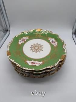 Antique Coalport English Porcelain Set 7 Plates w Green Gold & Floral Decoration Antique Coalport English Porcelain Set 7 Plates w Green Gold & Floral Decoration