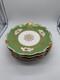 Antique Coalport English Porcelain Set 7 Plates w Green Gold & Floral Decoration