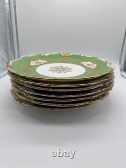Antique Coalport English Porcelain Set 7 Plates w Green Gold & Floral Decoration