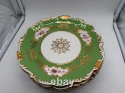 Antique Coalport English Porcelain Set 7 Plates w Green Gold & Floral Decoration