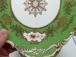 Antique Coalport English Porcelain Set 7 Plates w Green Gold & Floral Decoration