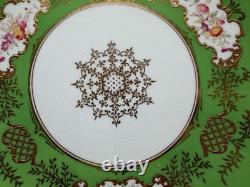 Antique Coalport English Porcelain Set 7 Plates w Green Gold & Floral Decoration