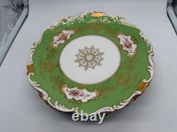 Antique Coalport English Porcelain Set 7 Plates w Green Gold & Floral Decoration