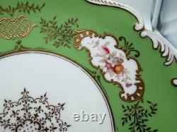 Antique Coalport English Porcelain Set 7 Plates w Green Gold & Floral Decoration