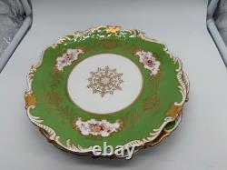 Antique Coalport English Porcelain Set 7 Plates w Green Gold & Floral Decoration