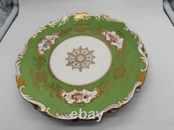 Antique Coalport English Porcelain Set 7 Plates w Green Gold & Floral Decoration
