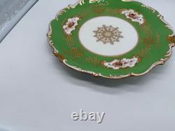 Antique Coalport English Porcelain Set 7 Plates w Green Gold & Floral Decoration
