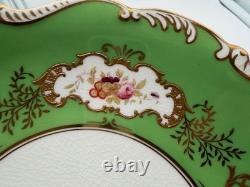 Antique Coalport English Porcelain Set 7 Plates w Green Gold & Floral Decoration