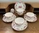 Antique Mintons Set of 4 Soup Cups Saucers Bone China Puce Pink Scenes Gold 1929