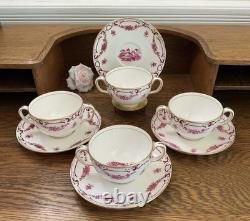 Antique Mintons Set of 4 Soup Cups Saucers Bone China Puce Pink Scenes Gold 1929