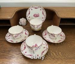 Antique Mintons Set of 4 Soup Cups Saucers Bone China Puce Pink Scenes Gold 1929