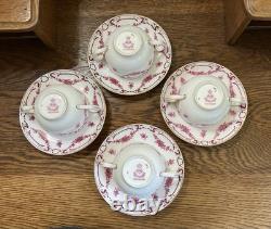Antique Mintons Set of 4 Soup Cups Saucers Bone China Puce Pink Scenes Gold 1929