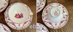 Antique Mintons Set of 4 Soup Cups Saucers Bone China Puce Pink Scenes Gold 1929