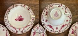 Antique Mintons Set of 4 Soup Cups Saucers Bone China Puce Pink Scenes Gold 1929