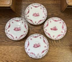 Antique Mintons Set of 4 Soup Cups Saucers Bone China Puce Pink Scenes Gold 1929