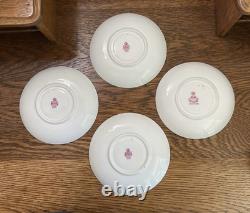 Antique Mintons Set of 4 Soup Cups Saucers Bone China Puce Pink Scenes Gold 1929
