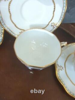 Antique Royal Crown Derby Lombardy Jeweled Cup And Saucer Set Of Four Ruffle